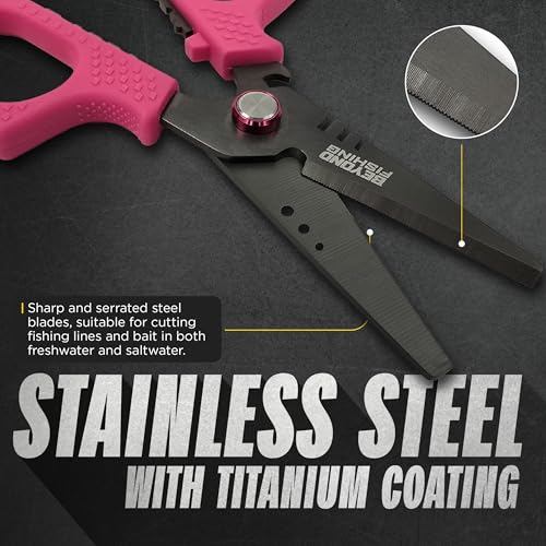 Beyond Fishing 6.5" Pro Fishing Shears Dual Serrated Blades, Fishing Braided Line Scissors with Titanium Coating, Non-Slip Grip & Multifunction Tool, Includes Hard Molded Locking Sheath - color: Pro - Pink