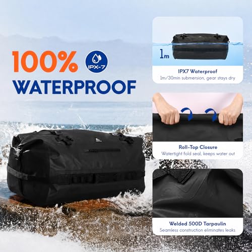 Haimont IPX7 Waterproof Roll-Top Dry Duffel Backpack | 60L/90L Sizes, 500D Tarpaulin, Welded Seams, Mesh Pockets, Boating & Kayaking - color: Black, size: 90L