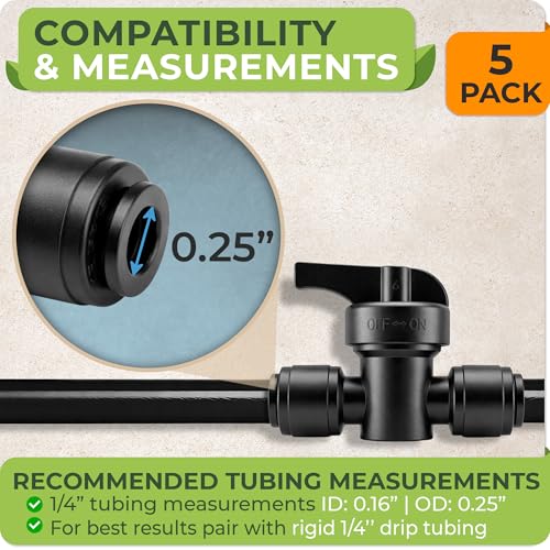 1/4" Connectors With On/Off Valve for Quick Connect Drip System | 5 x 1/4 to 1/4" Valve Couplers for Drip Irrigation System, Leak Free ON/OFF Connectors for 1/4" Irrigation Tubing