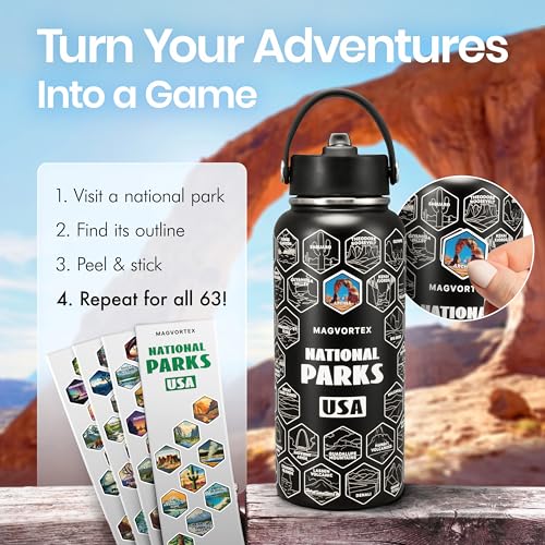 National Parks Black Water Bottle with Durable Stickers – 32oz Insulated Stainless Steel Water Bottle with Spout Lid – Insulated for Cold and Hot Drinks – Metal Bottle for Gym, Hiking, Camping - color: Black