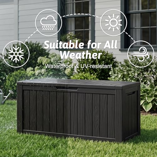 PatioZen 75 Gallon Resin Deck Box, Space-Saving Weatherproof Outdoor Storage Box for Furniture, Garden Tools and Tools Storage, Waterproof Outside Storage Boxes Black - color: Black, size: 75 Gallon Plus