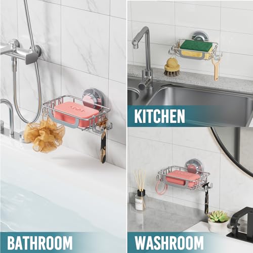 TAILI Soap Holder, Soap Dish Suction Cup with Hooks, Stainless Steel,Silver | Soap Dish for Shower, Bathroom Bar soap holder Shower Wall, Stainless Steel Sponge Holder for Tub Kitchen - color: Silver