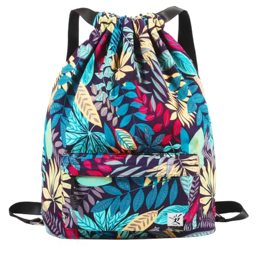 Waterproof Drawstring Bag, Gym Bag Sackpack Sports Beach Backpack for Men Women - color: 02-blue Leaves