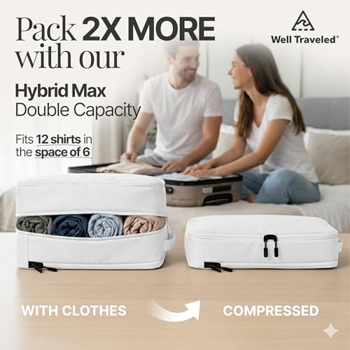 Well Traveled 4 pcs Compression Packing Bags Cubes Set with HybridMax Double-Capacity Design - Packing Cubes for Travel Compression to Maximize Limited Luggage Space, White - color: White, size: 4-piece