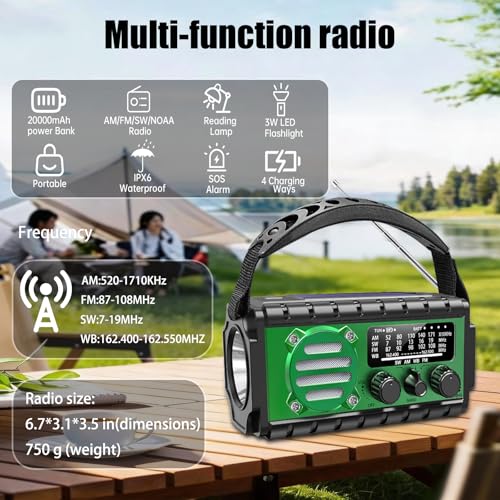 Solar Powered Emergency Hand-Crank Radio with 20,000mAh Battery, Clear Reception, Supports AM/FM/SW/NOAA Weather Broadcasts, Features a Dual-Mode LED Flashlight and Phone Charger for Camping