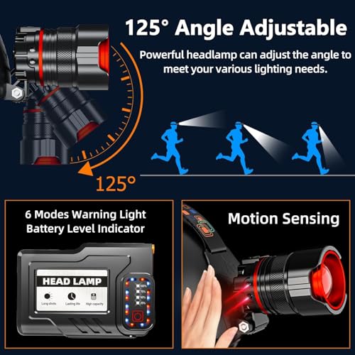 UVER Rechargeable LED Headlamp, Super Bright Motion Sensor Headlight with 125° Adjustable Angle, Red Night Vision Light, IPX4 Waterproof, Zoomable Head Lamp for Camping Hiking Running Fishing Work