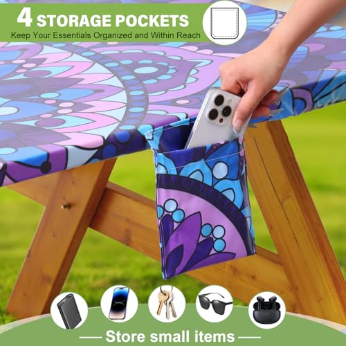 Fitted Picnic Table Cover with Bench Covers Vinyl Waterproof Elastic Edges Fitted Rectangle Tables Patio Tablecloth Camping Gear and Essentials Rv Accessories Road Trip Supplies Car Travel Must Haves - color: Purple Mandala, size: 72in