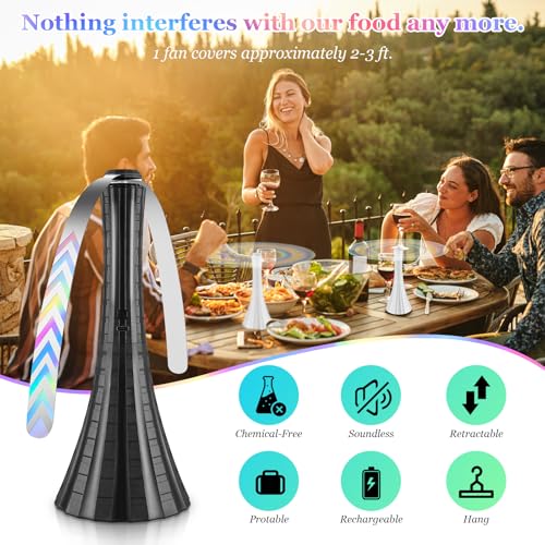 Fly Fans for Tables Rechargeable, Flies Fan to Keep Flies Away by Soft Blades, Food Fans for Camping, Picnic, Fishing, 4PCS, Black，Party Essentials Picnic Accessories for Outside, 2000mah - size: 4 count