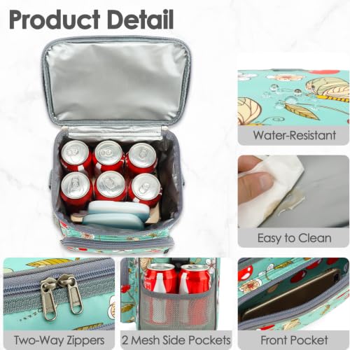 FlowFly Insulated Reusable Lunch Bag Adult Large Lunch Box for Women and Men with Adjustable Shoulder Strap,Front Zipper Pocket and Dual Large Mesh Side Pockets,Cherry - color: Cherry