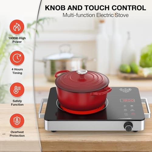Electric Cooktop, Portable Electric Cooktop 1800W Single Burner Stove 110V with Plug, Hot Plate Countertop, Child Safety Lock, Timer, Infrared Burner,Touch and Knob Control