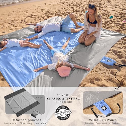 WEKAPO Beach Blanket Sandproof Waterproof, Extra Large Beach Mat, Oversized & Compact Sand Free, Quick Drying Beach Essentials for Vacation, Cruise, Picnic & Camping with Stakes - color: Periwinkle Blue, size: 9x7 FT (1～5 person)