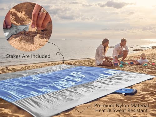 WEKAPO Beach Blanket Sandproof Waterproof, Extra Large Beach Mat, Oversized & Compact Sand Free, Quick Drying Beach Essentials for Vacation, Cruise, Picnic & Camping with Stakes - color: Periwinkle Blue, size: 9x7 FT (1～5 person)