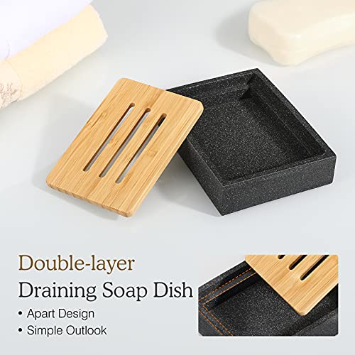 Luxspire Square Soap Dish, Bamboo Resin Drainage Holder, Black - color: Black
