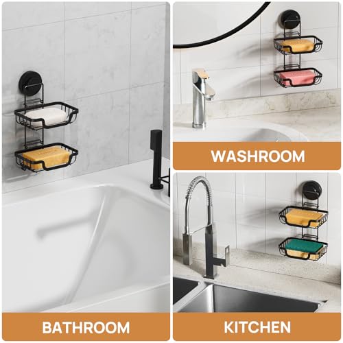 Bar Soap Holder with Hooks, Suction Cup Soap Dish Stainless Steel | 2 Layer Soap Holder Shower Wall Mounted, Soap and Razor Holder for Shower, Rustproof for Bathroom, Sponge Holder Saver - color: Black, size: 2 Tire