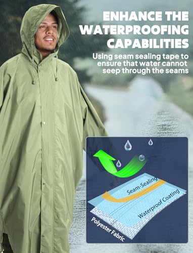 ANYOO Waterproof Rain Poncho for adults Lightweight Reusable Hiking Hooded Coat Jacket for Outdoor Activities - color: Tea Green