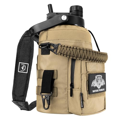 NATURE PIONEOR 128oz/1 Gallon Tactical Water Bottle with MOLLE Bottle Pouch | 18/8 Food-grade Stainless Steel, Double Vacuum Insulation, Wide-Mouth, Straw & Spout Lid, Strap, Camping, Hiking, Gym, Work - color: Brown Green, size: 128 Ounces