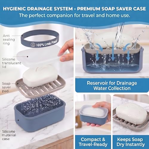Compact Leakproof Travel Soap Case with Lid & Silicone Strap - Portable Draining Soap Bar Holder for Gym, Bathroom, Camping - Lightweight Silicone Soap Dish Container (Blue) - color: Blue