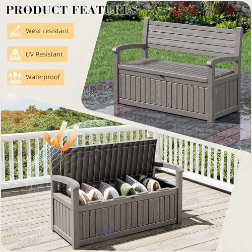 80-Gallon Deck Box Outdoor Storage Bench, Waterproof Outdoor Storage Box, Resin Patio Deck Bench with Hidden Storage, All-Weather Deck Box for Patio Grey - color: Grey