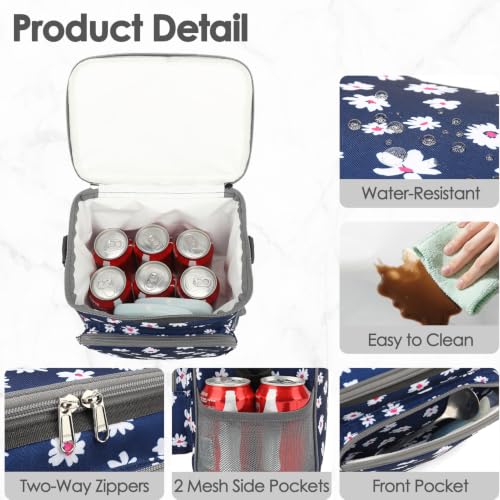 FlowFly Insulated Reusable Lunch Bag Adult Large Lunch Box for Women and Men with Adjustable Shoulder Strap,Front Zipper Pocket and Dual Large Mesh Side Pockets,Daisy - color: Daisy