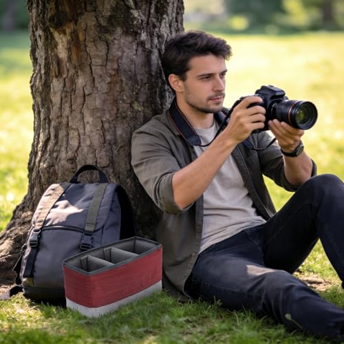 Koolertron Waterproof DSLR Camera Bag with Removable Insert, Adjustable Compartments, Fits in Camera Bags - Protective Case for DSLR/SLR Cameras & Accessories - color: Gray+Dark red