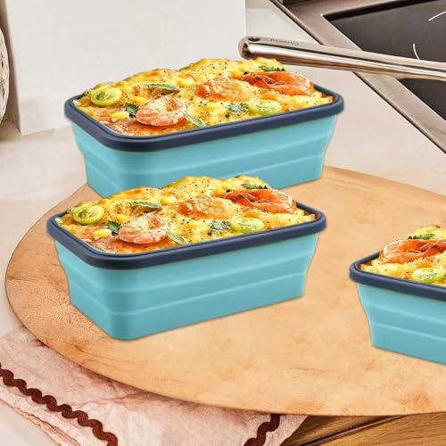 2 Pcs Collapsible Silicone Bowls with Lids, 500ml & 800ml Rectangular Foldable Food Storage Containers, Reusable Meal Prep Bowls, Microwave Freezer Safe, Ideal RV Camping Travel Accessories,Blue - color: Blue