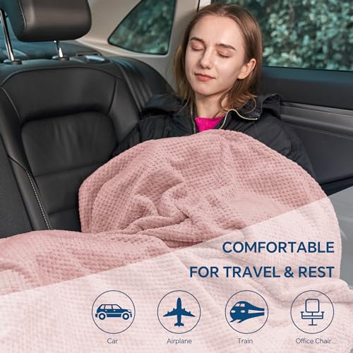 BEDELITE Travel Blanket with Bag, Jacquard Fleece Blanket 65"x40", Pink | Ultra-soft Airplane Blanket, Luggage Sleeve & Backpack Clip, Travel Essentials for Women, Foldable as Pillow for Long Flight - color: Pink