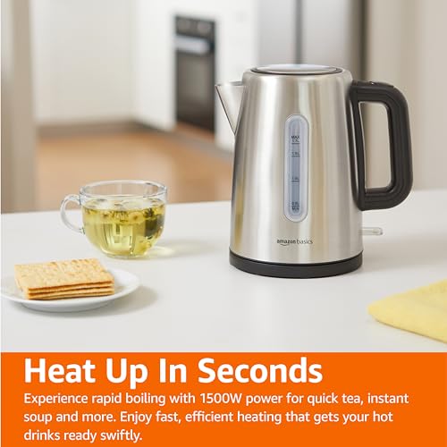 Amazon Basics Electric Stainless Steel Kettle for Tea and Coffee, BPA-Free, Fast Boiling, Auto Shut-Off, Boil-Dry Protection, 1.7 Liter, 1500W, Black and Silver - size: 1.8 Quarts, style: Stainless Steel