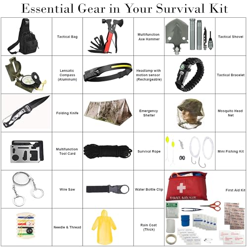 Survival Kit - Survival Gear and Supplies, Camping Gear, 75-Piece 18-in-1 Kit with First Aid, Compass, Headlamp, Shovel, Axe, Fire Starter, and More. Gift for Men, Boys, Fathers, Boyfriends and Dad
