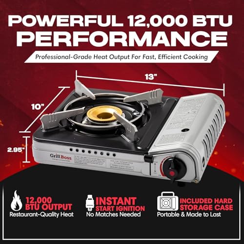 Chef Master Grill Boss Dual Fuel Camping Stove, Butane & Propane, 12000 BTU | Single Burner Gas Cooker, Propane Adapter Included, Works Below Freezing, Double Wind Guard, Piezo Ignition, Hiking, 90057 - color: Stove Only