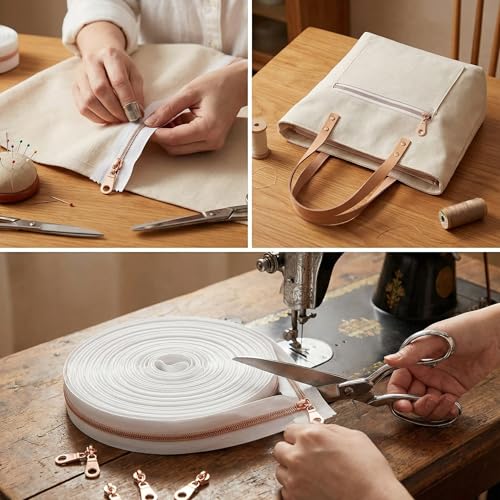 Sawoake 10 Yards Bulk Zipper(#5) Rose Gold Teeth with White Nylon Coil Zipper By The Yards,Can Replace 10PCS Sliders - color: Rose Gold-White-1