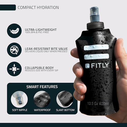 FITLY Soft Flask - Shrink As You Drink Soft Water Bottle for Hydration Pack - Folding Water Bottle Ideal for Running, Hiking, Cycling, Climbing & Rigorous Activity - color: Black, size: 13.5 Ounces