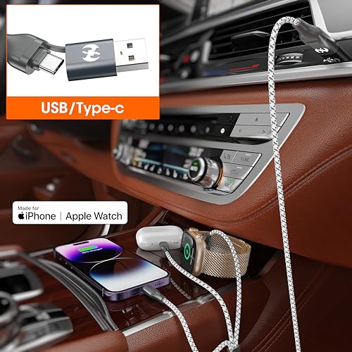 Apple Watch Charger 3 in 1 Multi Charging Cable 4FT Apple MFi Magnetic | USB A/C Lightning Type C Cord iWatch Magnetic Wireless Charger 3 in 1 Charging Wire for Apple iPhone Android Phone and iWatch - color: Grey/Silver-4ft