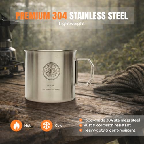Tactiko 304 Stainless Steel Camping Mugs with Carabiners | Heavy-Duty | Large Metal Coffee Cup or Solo Cook Pot w/ Folding Handle | Backpacking Gear for Hiking, Overlanding & Survival | 18 oz/550ml