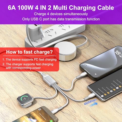 4 in 1 Retractable Multi Charging Cable with iWatch Charger Cord - color: White
