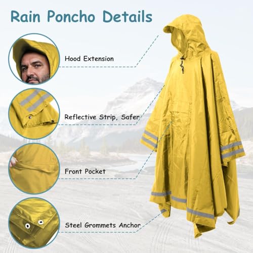 Plus Size Rain Poncho with Hood and Reflective Stripes, Big and Tall Rain Poncho, Ideal as Rain Ponchos for Adults - color: Yellow