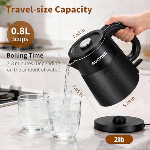 0.8L Portable Stainless Steel Travel Electric Kettle, Double Wall | Black, Small Capacity, Cool Touch Double Wall Stainless Steel, Fast Boil, Auto Shutoff & Boil Dry Safety, 2-Year Warranty - color: Black