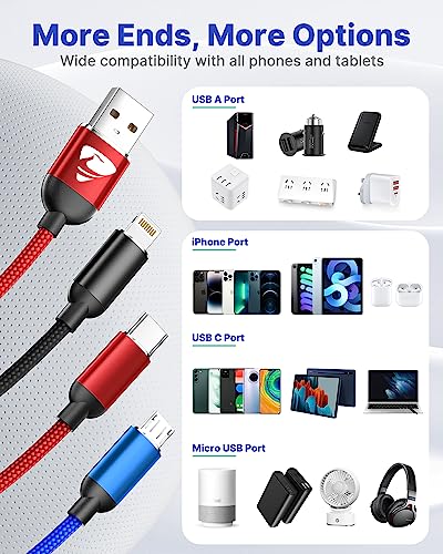 Multi Charger Cable, Fast Multi Charging Cord 3 in 1 Nylon Braided Multiple USB Universal Charging Cable for Type-C, Micro USB, Cell Phones/IP/Samsung Galaxy/Ps/LG/Huawei/Kindle - color: Red, size: 3 in 1 4FT 2PACK