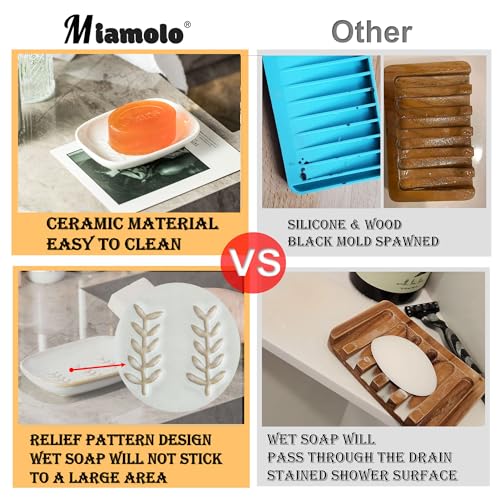 Miamolo Soap Dish for Shower, Soap Holder Raised Design, No More Mushy Soap | Ceramic Soap Saver, Stable Weighted Tray | Large for 2 Bar Soaps, Sponges | for Bathroom Kitchen Sink, Dishwasher Safe, White - color: White, size: Leaf Design