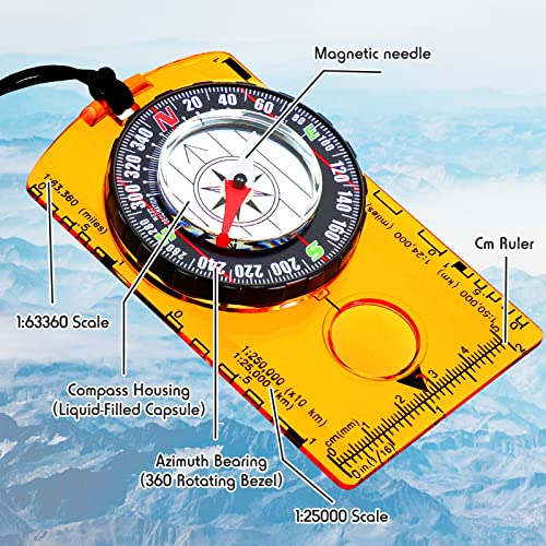 Orienteering Compass Hiking Compass Outdoor Navigation Survival Compass Waterproof Map Reading Backpacking Compass Kids Camping Gear for Women Men Gifts, 4 Colors