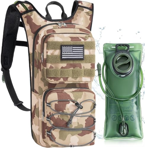 Hydration Backpack, Tactical Molle Water with 3L TPU Water Bladder | Lightweight Military Hydration Daypack for Hiking, Running, Cycling, Climbing, Biking, 105 oz, Breathable Back Panel - color: Khaki Camouflage