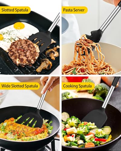 Silicone Cooking Utensils Set, 8 Pcs Kitchen Utensils with Holder, Black | BPA Free and Heat Resistant, Kitchen Tools for Non Stick Cookware include Spatulas, Turners, Spoons, Skimmer and Pasta Fork - color: Black