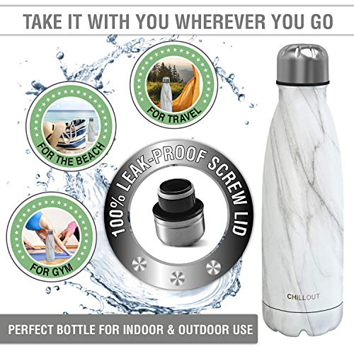 CHILLOUT LIFE 25oz Insulated Stainless Steel Water Bottle, Leak Proof - color: Carrara Marble