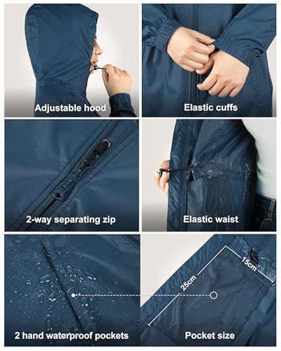 33,000ft Women's Waterproof Long Rain Coats Packable Rain Jacket with Hood Trench Coats Windbreaker - color: Dark Blue, size: Medium