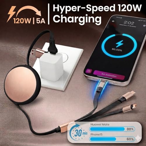 120W Fast Multi Charging Cable, 6 in 1 Retractable Charger (Ebony Golden) | 5A Fast Charging | 6 in 1 Retractable | L Port USB C Micro | Durable Braided | Adjustable 10.2 to 44.1 in | Data sync USB C - color: Ebony Golden