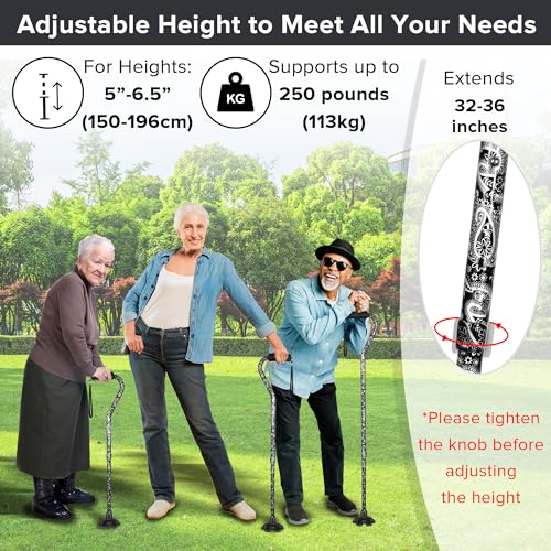 Elegant Walking Cane for Women, Foldable & Adjustable Cane for Seniors with Self-Standing Tip | Lightweight Mobility Aid for Stability & Balance Support - color: Black and white floral printed