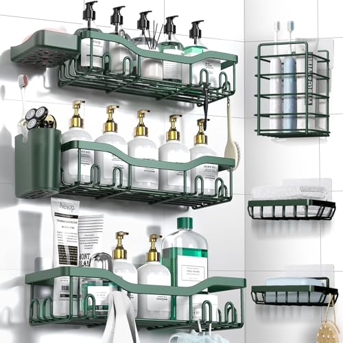 NESOMI Shower Caddy Adhesive Shower Organizer 8-Pack, Rustproof Stainless Steel Bathroom Shelves, Large Capacity No-Drill Rack Storage Accessories with Soap Dish Toothbrush Holder Hooks - color: Blackish Green, size: 8-Piece Set
