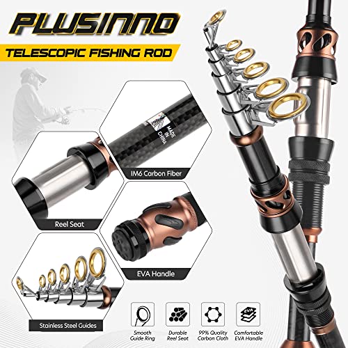 PLUSINNO Fishing Rod and Reel Combos - Carbon Fiber Telescopic Fishing Pole - Spinning Reel 12 +1 Shielded Bearings Stainless Steel BB - color: Full Kit with Fishing Tools, size: 1.8M 5.91FT
