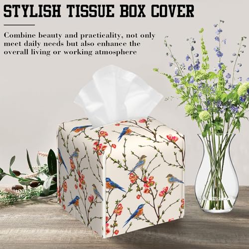 Tissue Box Holder Bird on Blossoming Branch Square Leather Tissue Box Cover Modern Cube Facial Paper Cover Case for Bathroom Vanity Countertop Night Stands Tabletop - color: Bird on Blossoming Branch