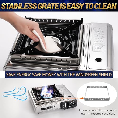 GasBRUH Propane or Butane Camping Stove with Windblocker, Dual Fuel 10,000 BTU Stainess Steel Propane Stove for Camping(TANK not included) - color: S