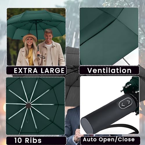 MRTLLOA Compact Golf Umbrella, 10 Ribs Vented Windproof Travel | 49/54/62 Inch Large Oversize, Double Canopy, Quick-Dry Fabric, Lightweight, Umbrellas for Rain - color: Green, size: 49 Inch
